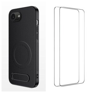 WANLONFENG Kickstand Carbon Fiber Texture Magnetic Phone Case with 2pcs Screen Films, For iPhone 17e / 16e, For iPhone 17 Pro Max, For iPhone 17 Pro, For iPhone 17, For iPhone Air, For iPhone 16 Pro Max, For iPhone 16 Pro, For iPhone 16...