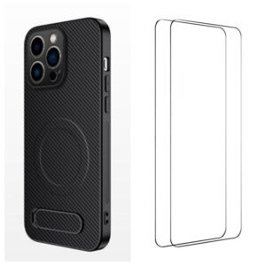 WANLONFENG Kickstand Carbon Fiber Texture Magnetic Phone Case with 2pcs Screen Films, For iPhone 14 Pro, For iPhone 14 Pro Max, For iPhone 13 Pro Max, For iPhone 13 Pro, For iPhone 13