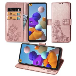 Lucky Clover Pressed Flowers Pattern Leather Case with Holder & Card Slots & Wallet & Hand Strap, For Samsung Galaxy A21s