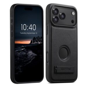 Suteni G2 Magsafe Litchi Texture Leather Back Phone Case with Holder, For iPhone 17 Pro Max, For iPhone 17 Pro, For iPhone 17, For iPhone Air, For iPhone 16 Pro Max, For iPhone 16 Pro, For iPhone 16 Plus, For iPhone 16, For iPhone 15 Pro Max...