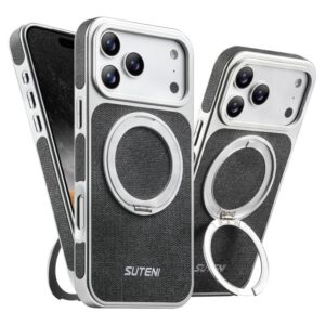 Suteni G6 Denim Pattern Electroplated 360 Rotation Holder Magnetic Phone Case, For iPhone 17 Pro Max, For iPhone 17 Pro, For iPhone 17, For iPhone 16 Pro Max, For iPhone 16 Pro, For iPhone 16, For iPhone 15 Pro Max, For iPhone 15 Pro, For iPhone 15...