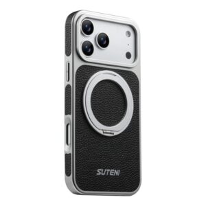 Suteni G6 Large Litchi Texture Electroplated 360 Rotation Holder Magnetic Phone Case, For iPhone 17 Pro Max, For iPhone 17 Pro, For iPhone 17, For iPhone 16 Pro Max, For iPhone 16 Pro, For iPhone 16, For iPhone 15 Pro Max, For iPhone 15 Pro, For iPhone...