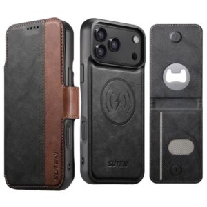 Suteni Q07S5 3-in-1 Detachable Bottle Opener Card Bag Magnetic Left-Right Spliced Vegan Leather Phone Case, For iPhone 17 Pro Max, For iPhone 17 Pro, For iPhone 17, For iPhone Air, For iPhone 16 Pro Max, For iPhone 16 Pro, For iPhone 16 Plus...