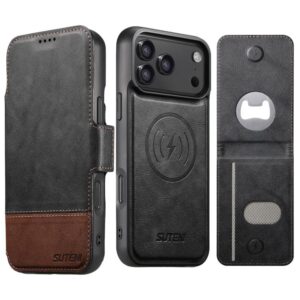 Suteni Q06S5 3-in-1 Detachable Bottle Opener Card Bag Magnetic Top-Bottom Spliced Vegan Leather Phone Case, For iPhone 17 Pro Max, For iPhone 17 Pro, For iPhone 17, For iPhone Air, For iPhone 16 Pro Max, For iPhone 16 Pro, For iPhone 16 Plus...