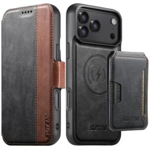 Suteni Q07S3 Left-Right Splicing Cowhide Pattern Flip Side Card Wallet Removable Magnetic Phone Case, For iPhone 17 Pro Max, For iPhone 17 Pro, For iPhone 17, For iPhone Air, For iPhone 16 Pro Max, For iPhone 16 Pro, For iPhone 16 Plus, For iPhone 16...